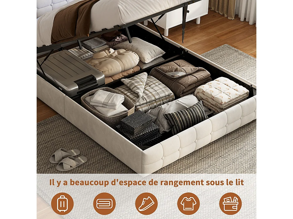 Lit de stockage hydraulique - 160 x 200cm - avec lumières LED Port de charge USB et 2 tiroirs Cabinet de stockage - Velvet - beige