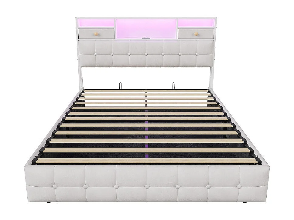 Lit de stockage hydraulique - 160 x 200cm - avec lumières LED Port de charge USB et 2 tiroirs Cabinet de stockage - Velvet - beige