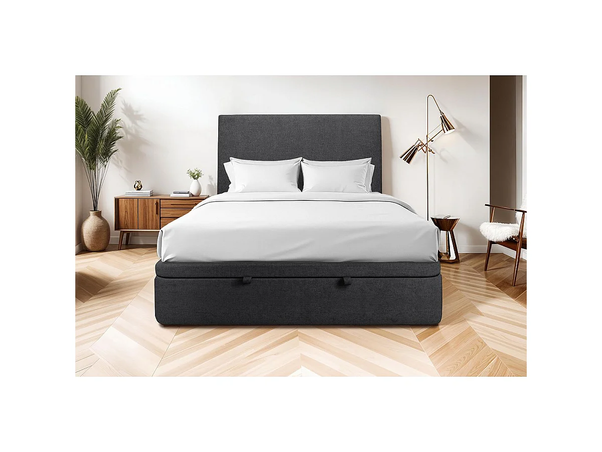 Lit coffre 160x200cm avec tête de lit tapissier Tissu Noir - Hauteur totale : 39cm
