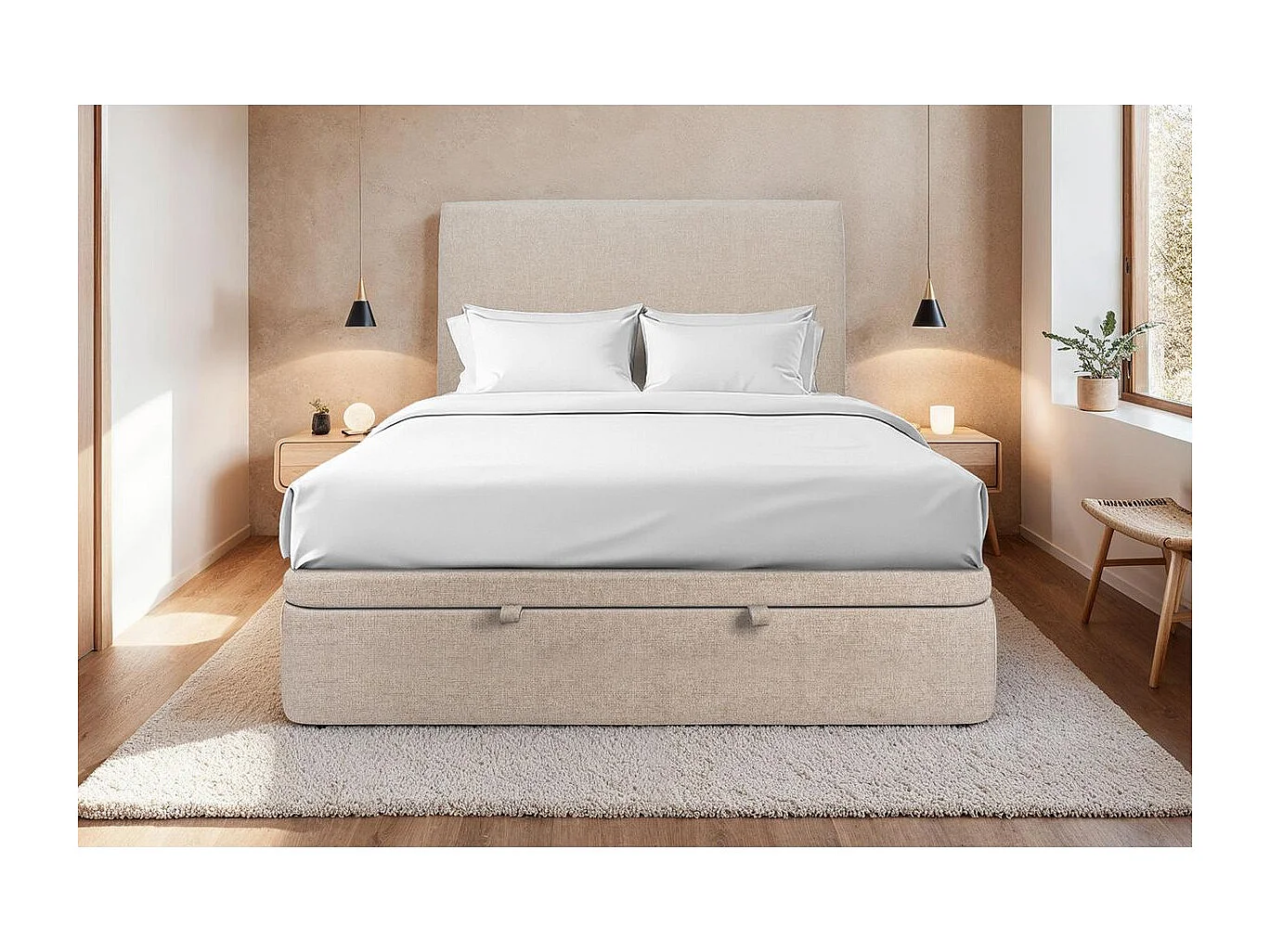 Lit coffre 180x200cm avec tête de lit tapissier Tissu Beige brun - Hauteur totale : 39cm