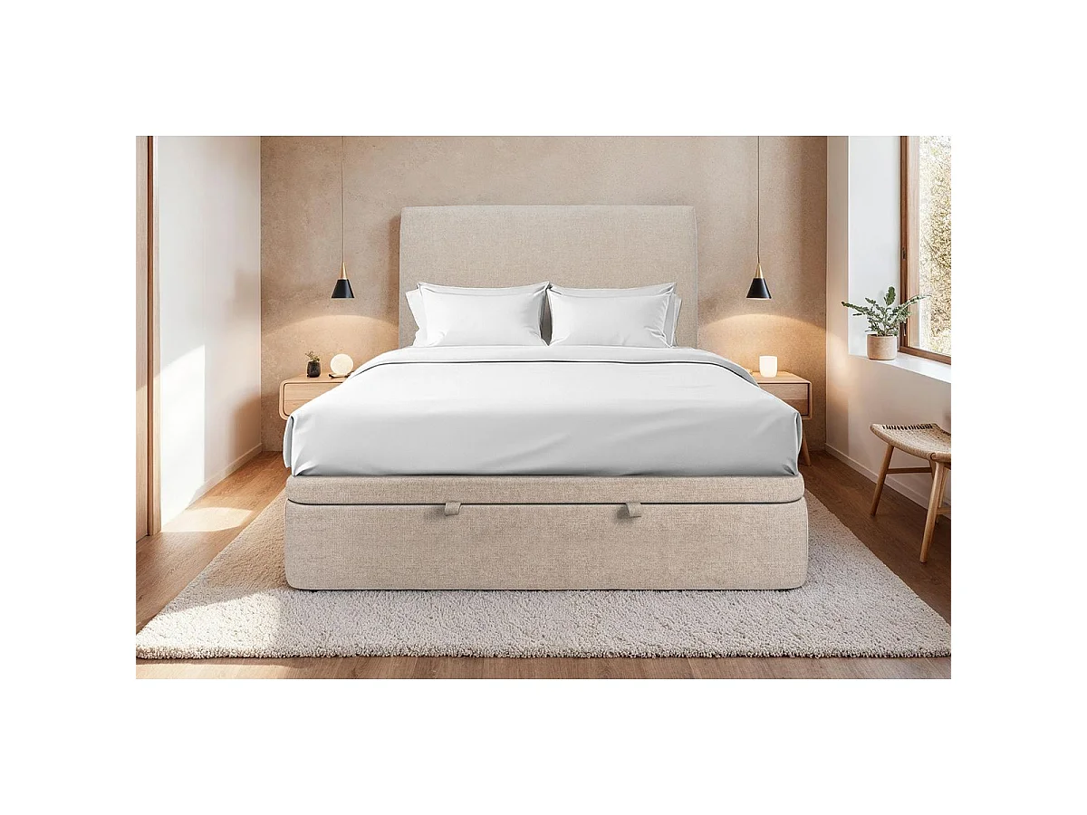 Lit coffre 180x200cm avec tête de lit tapissier Tissu Beige brun - Hauteur totale : 39cm