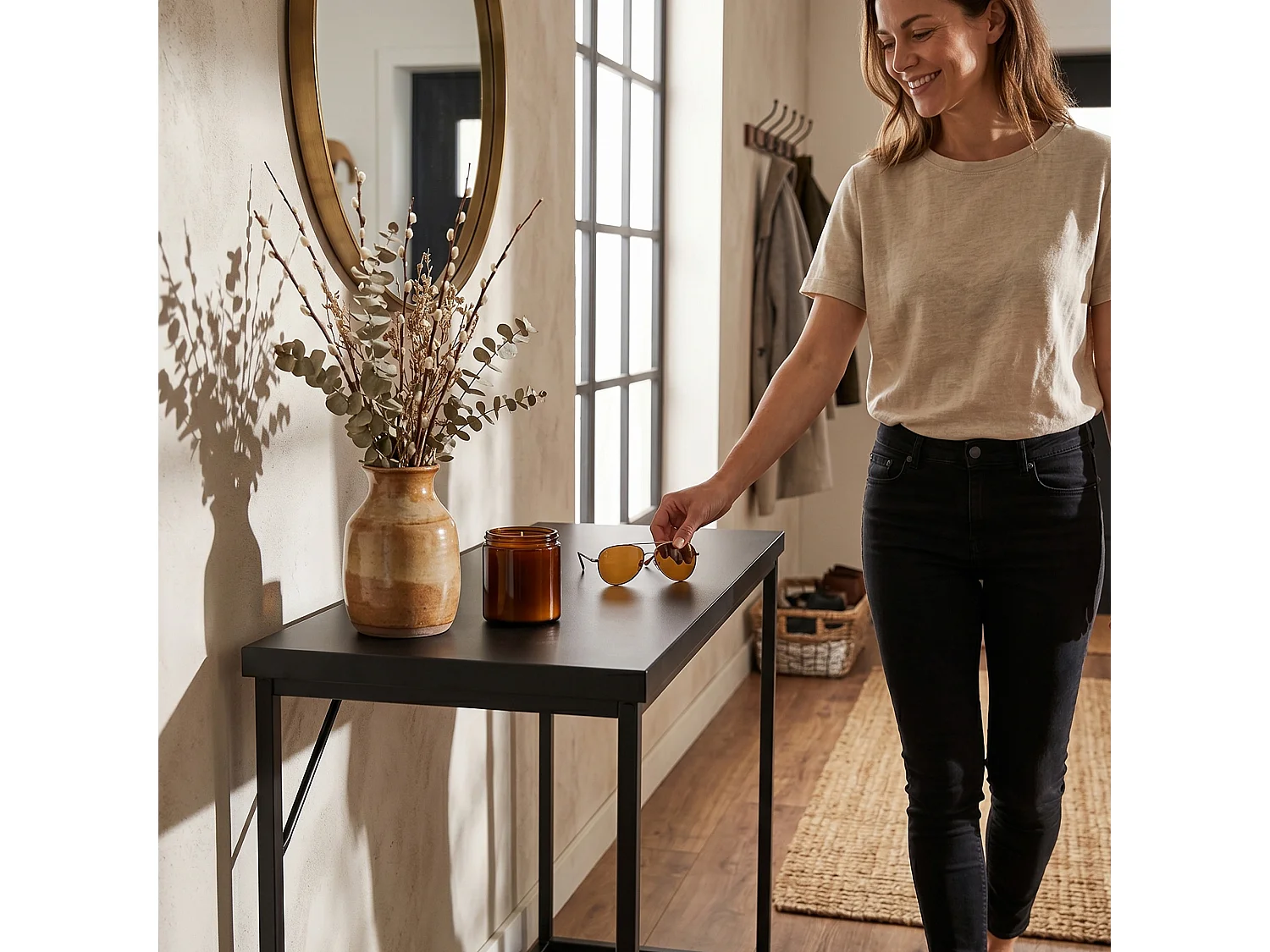 Table console style loft ORIGO 90 cm Noir Pieds noirs