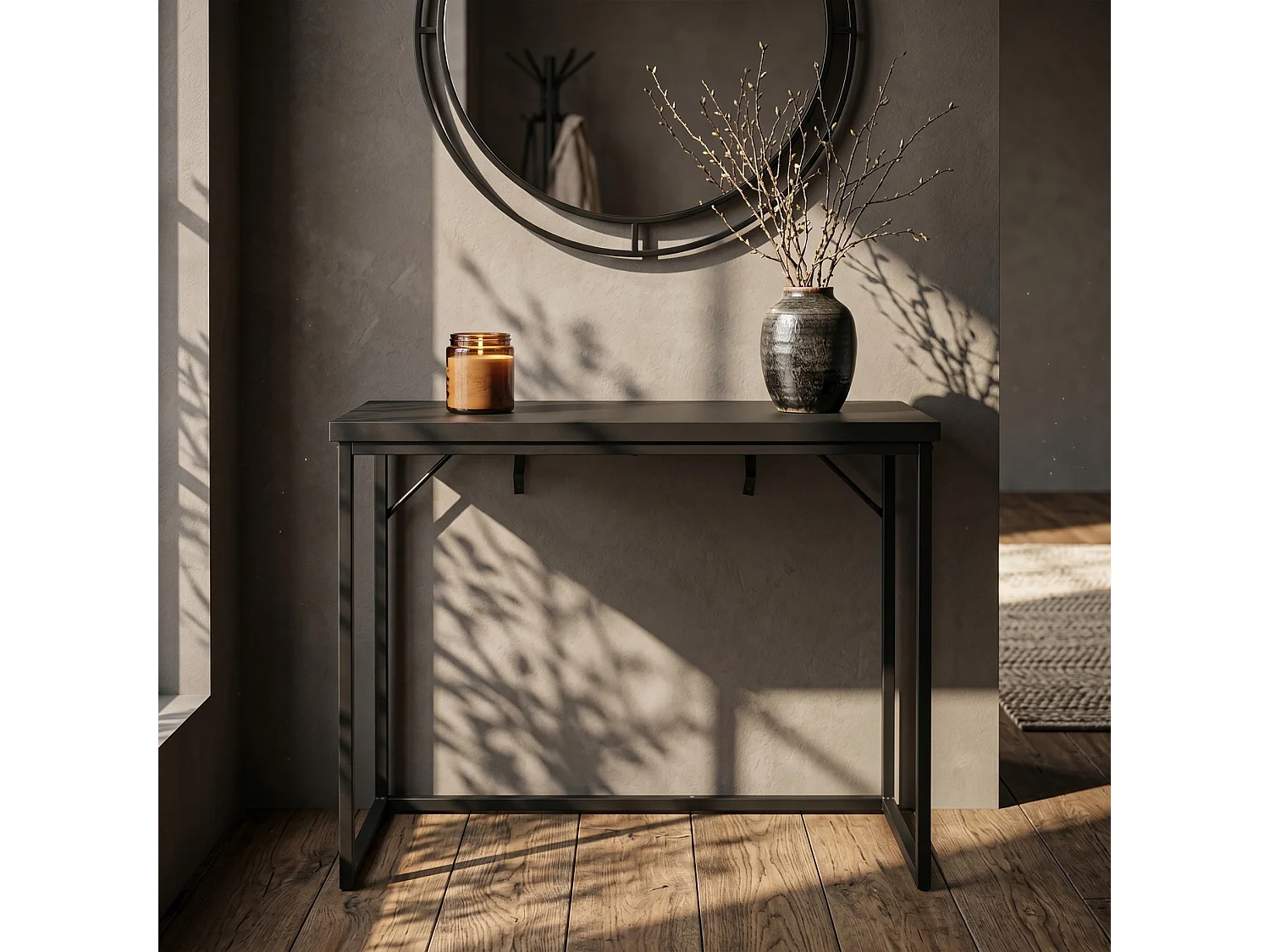 Table console style loft ORIGO 90 cm Noir Pieds noirs