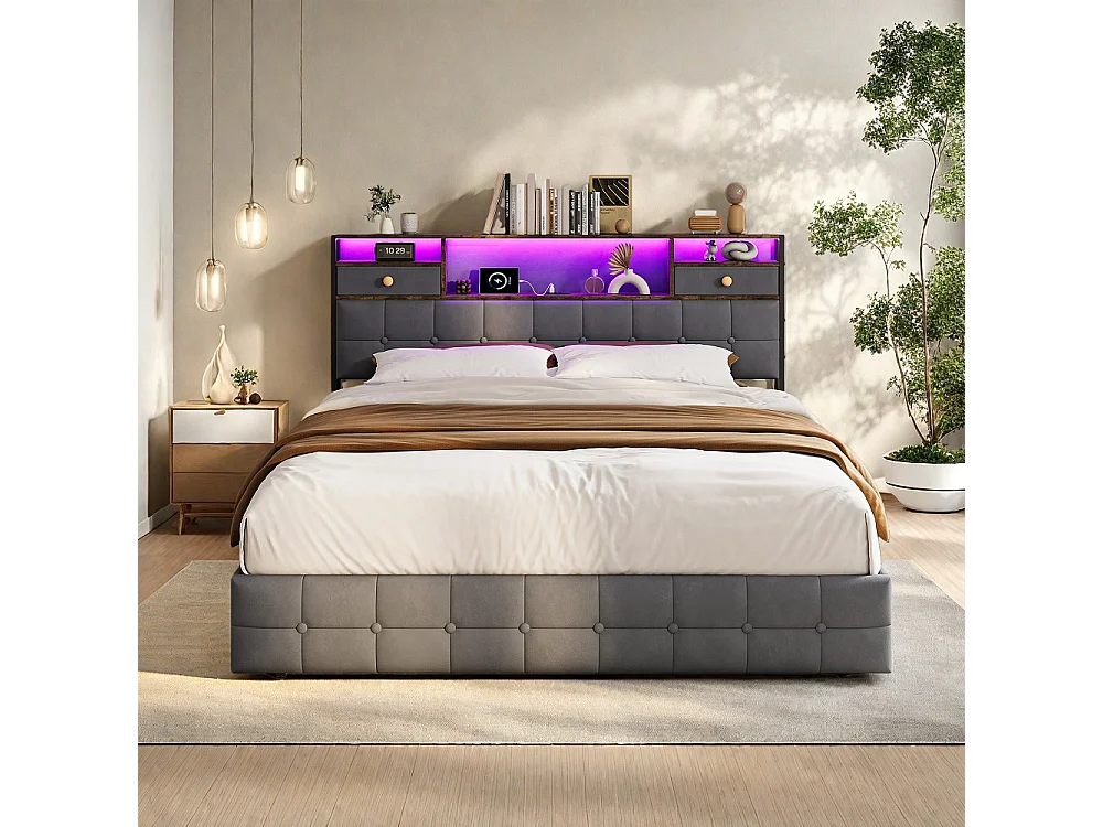 Lit de stockage hydraulique - 160 x 200cm - avec lumières LED Port de charge USB et 2 tiroirs Tête de stockage - Velvet - gris