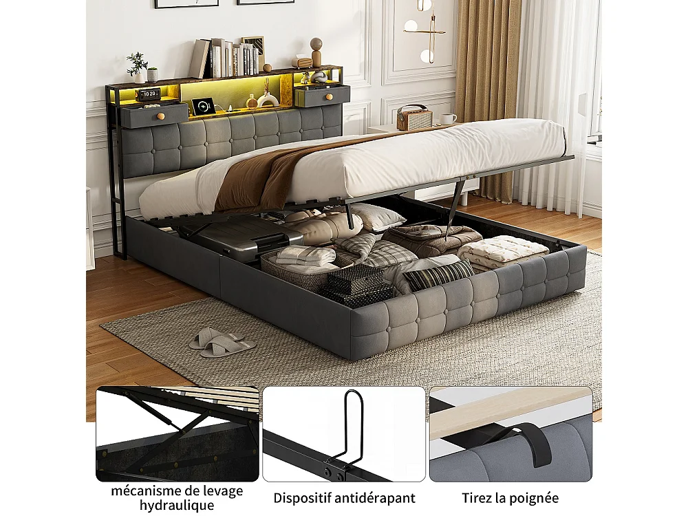 Lit de stockage hydraulique - 160 x 200cm - avec lumières LED Port de charge USB et 2 tiroirs Tête de stockage - Velvet - gris