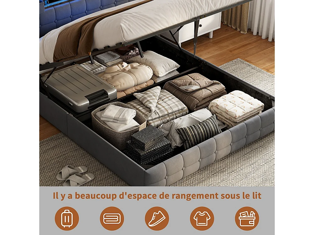 Lit de stockage hydraulique - 160 x 200cm - avec lumières LED Port de charge USB et 2 tiroirs Tête de stockage - Velvet - gris