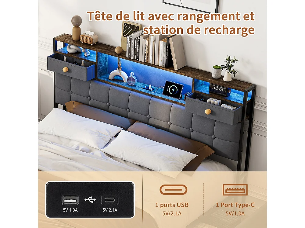 Lit de stockage hydraulique - 160 x 200cm - avec lumières LED Port de charge USB et 2 tiroirs Tête de stockage - Velvet - gris