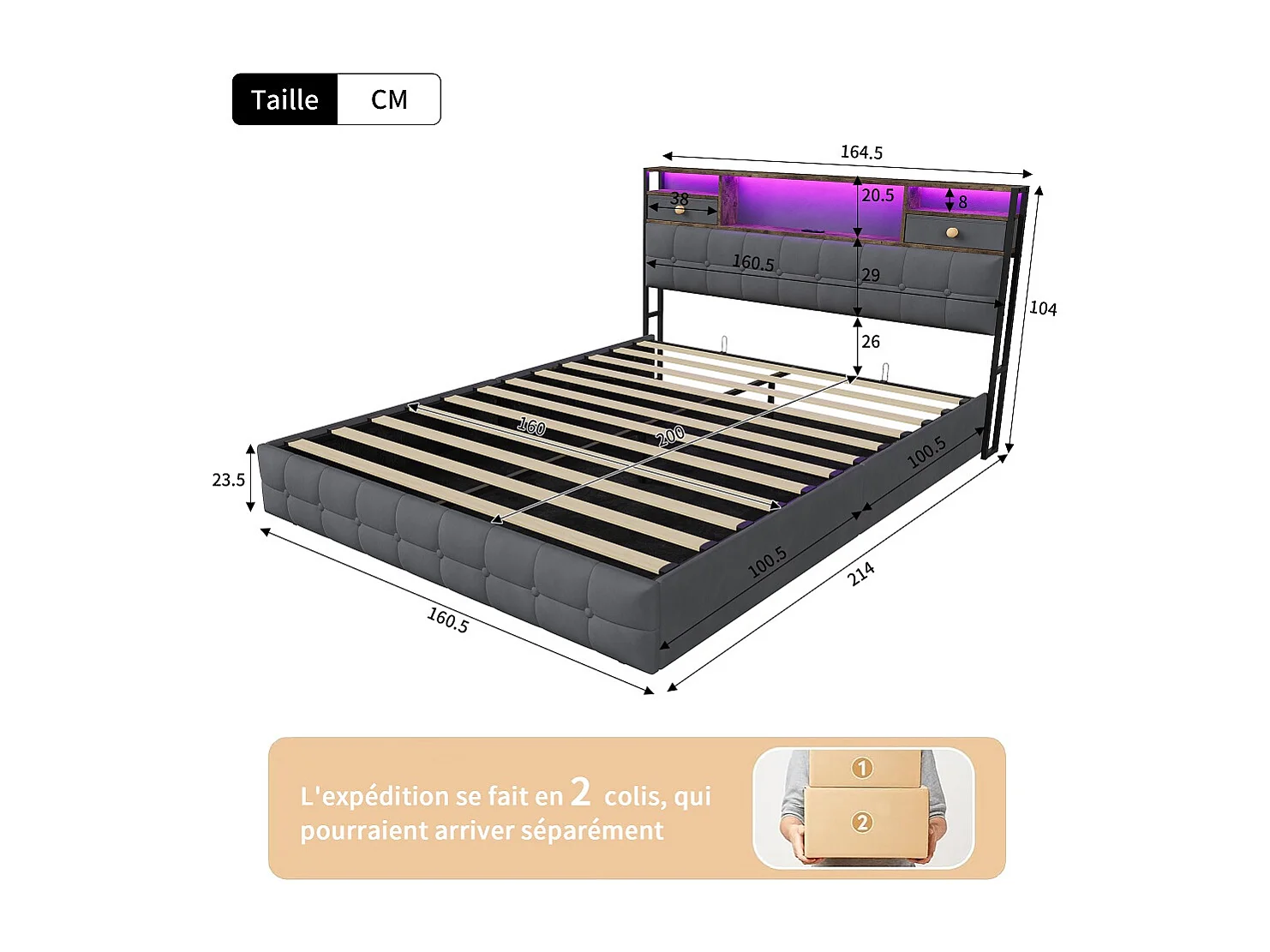 Lit de stockage hydraulique - 160 x 200cm - avec lumières LED Port de charge USB et 2 tiroirs Tête de stockage - Velvet - gris