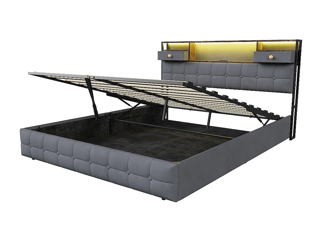Lit de stockage hydraulique - 160 x 200cm - avec lumières LED Port de charge USB et 2 tiroirs Tête de stockage - Velvet - gris