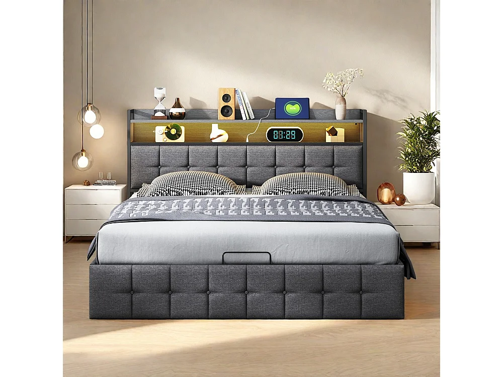 Lit de stockage hydraulique - 140 x 190 cm - avec tête de compartiment de stockage, LED et fonction de charge - Linge de maison - Gris