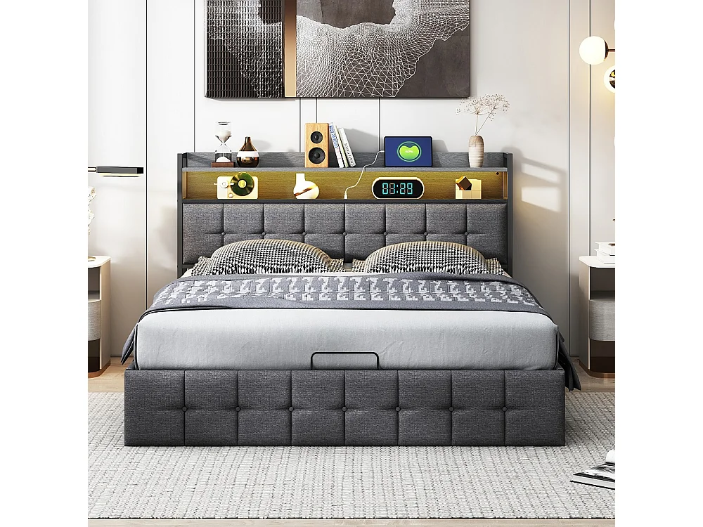 Lit de stockage hydraulique - 140 x 190 cm - avec tête de compartiment de stockage, LED et fonction de charge - Linge de maison - Gris