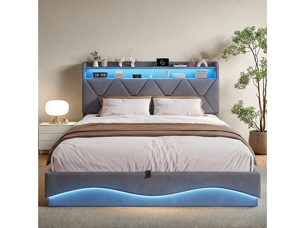 Cadre de lit de stockage hydraulique - 160 x 200 cm - avec port de charge USB et tête de stockage - Velvet - gris