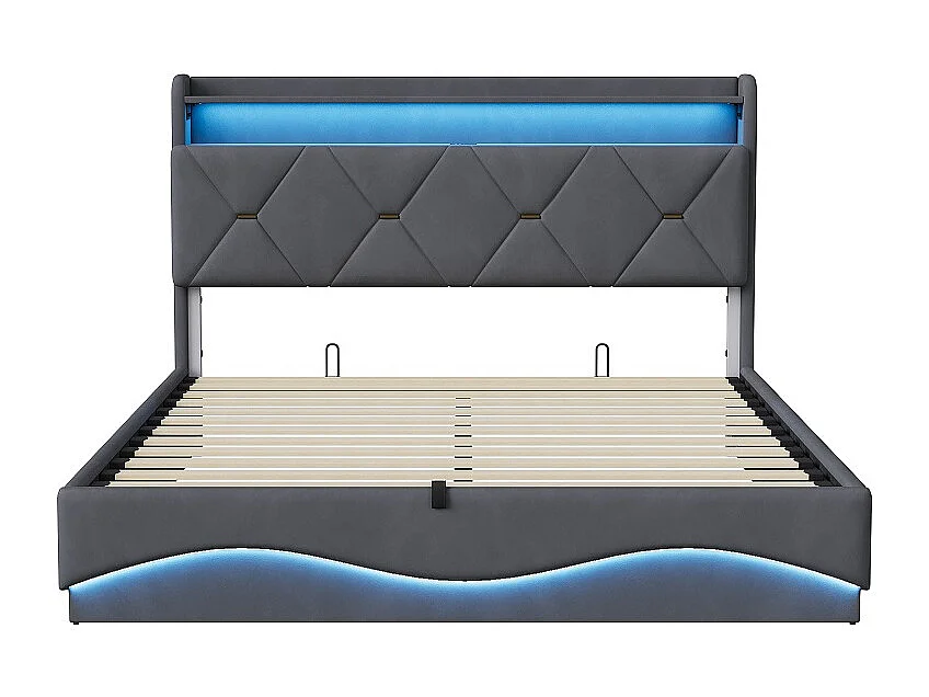 Cadre de lit de stockage hydraulique - 160 x 200 cm - avec port de charge USB et tête de stockage - Velvet - gris