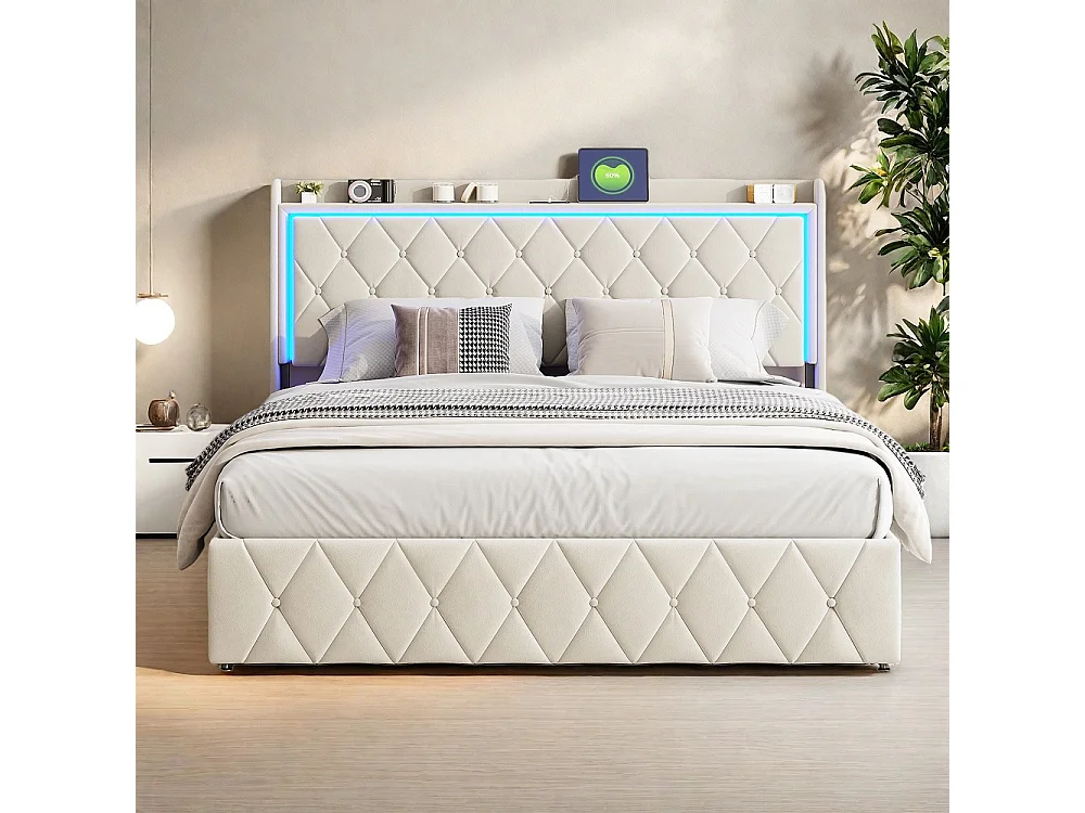 Lit de stockage hydraulique - 140 x 190 cm - Design Rivet Rhombus avec éclairage LED et espace de stockage - Velvet - Beige
