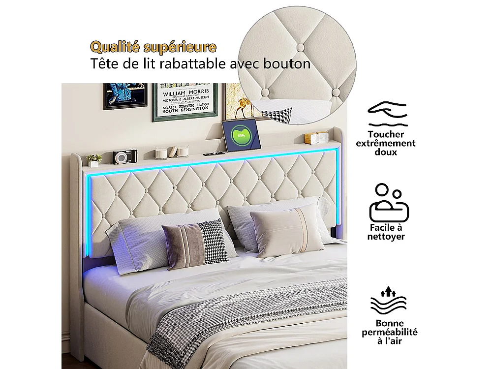 Lit de stockage hydraulique - 140 x 190 cm - Design Rivet Rhombus avec éclairage LED et espace de stockage - Velvet - Beige