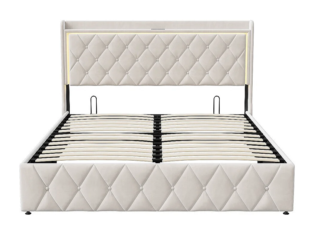 Lit de stockage hydraulique - 140 x 190 cm - Design Rivet Rhombus avec éclairage LED et espace de stockage - Velvet - Beige