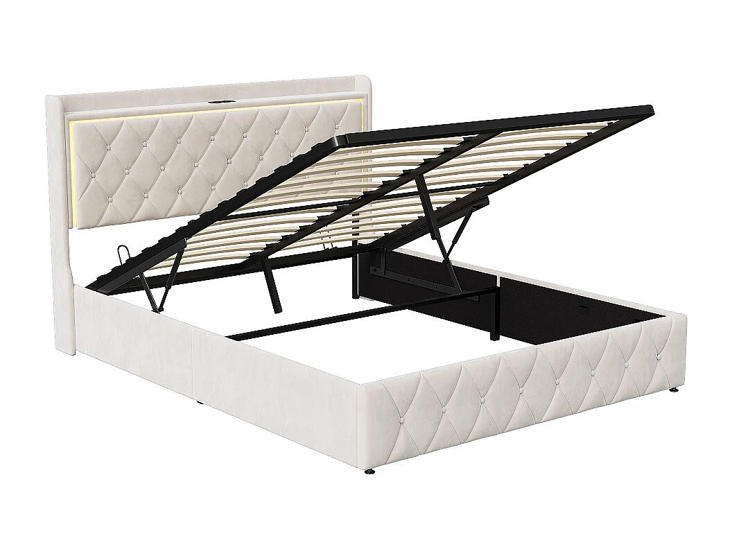 Lit de stockage hydraulique - 140 x 190 cm - Design Rivet Rhombus avec éclairage LED et espace de stockage - Velvet - Beige