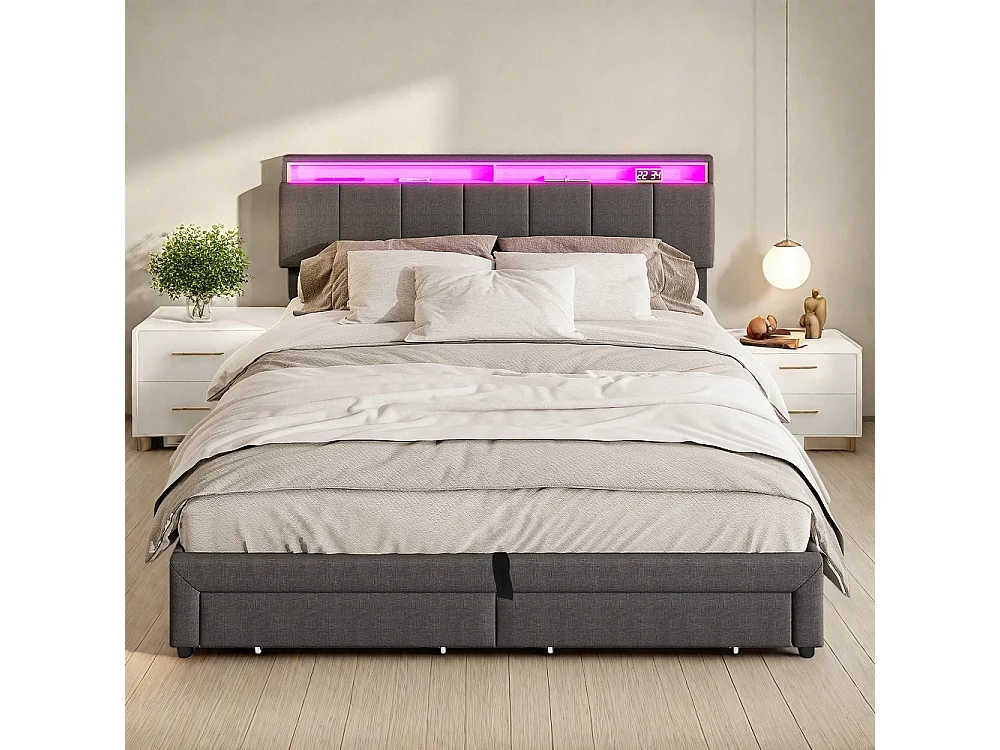 Lit de rangement hydraulique - 180 x 200 cm - Pièce de tête réglable avec boîte à lit Tiroirs et compartiments de rangement - Linge - gris