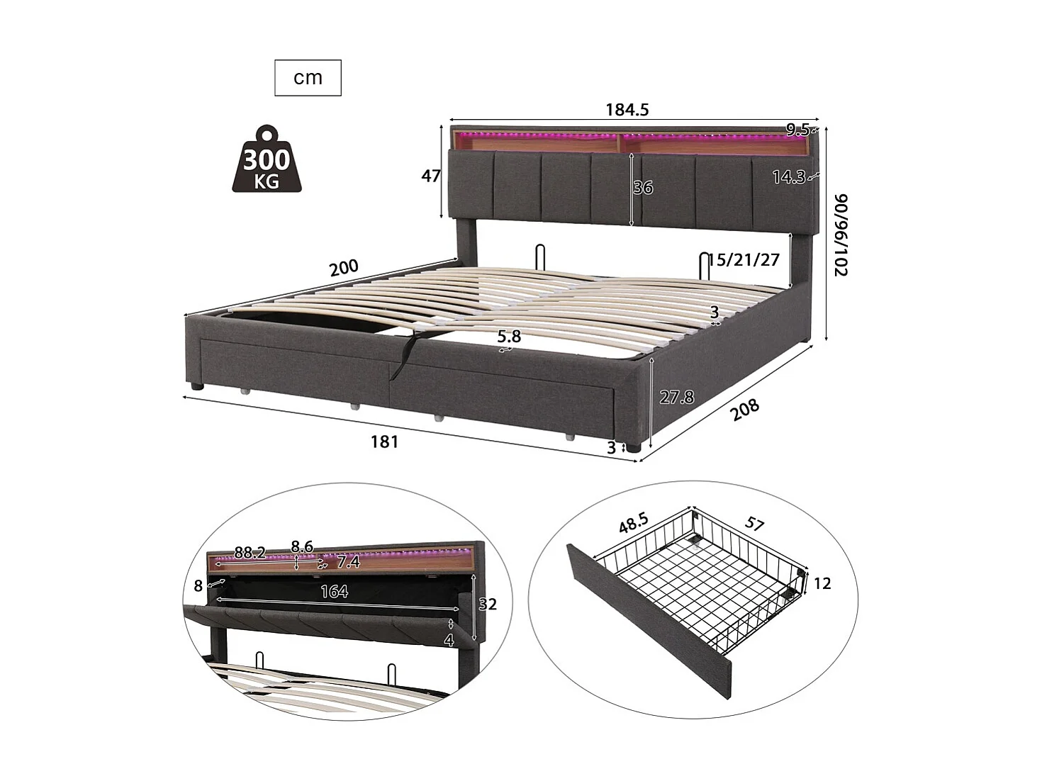 Lit de rangement hydraulique - 180 x 200 cm - Pièce de tête réglable avec boîte à lit Tiroirs et compartiments de rangement - Linge - gris