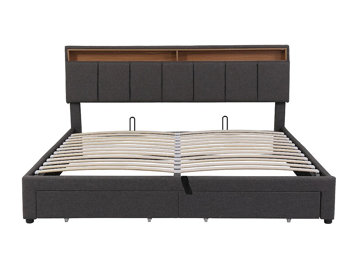 Lit de rangement hydraulique - 180 x 200 cm - Pièce de tête réglable avec boîte à lit Tiroirs et compartiments de rangement - Linge - gris