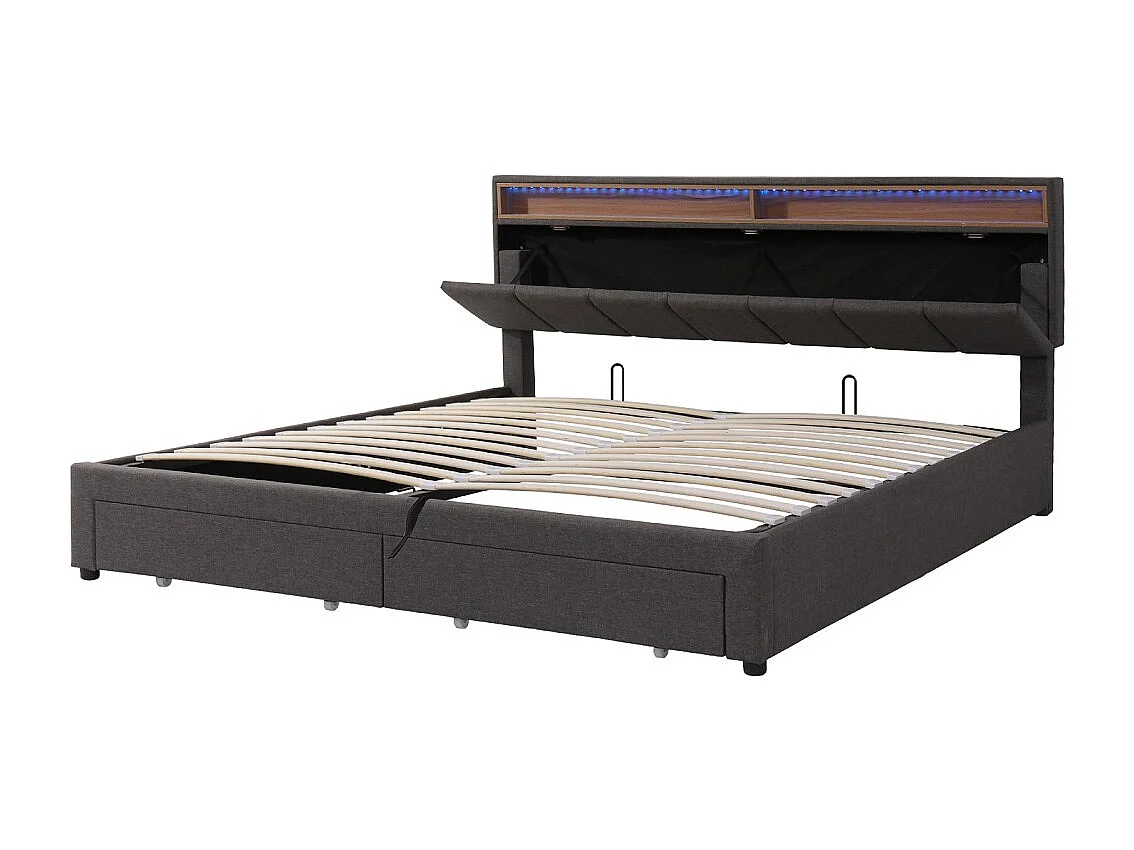 Lit de rangement hydraulique - 180 x 200 cm - Pièce de tête réglable avec boîte à lit Tiroirs et compartiments de rangement - Linge - gris
