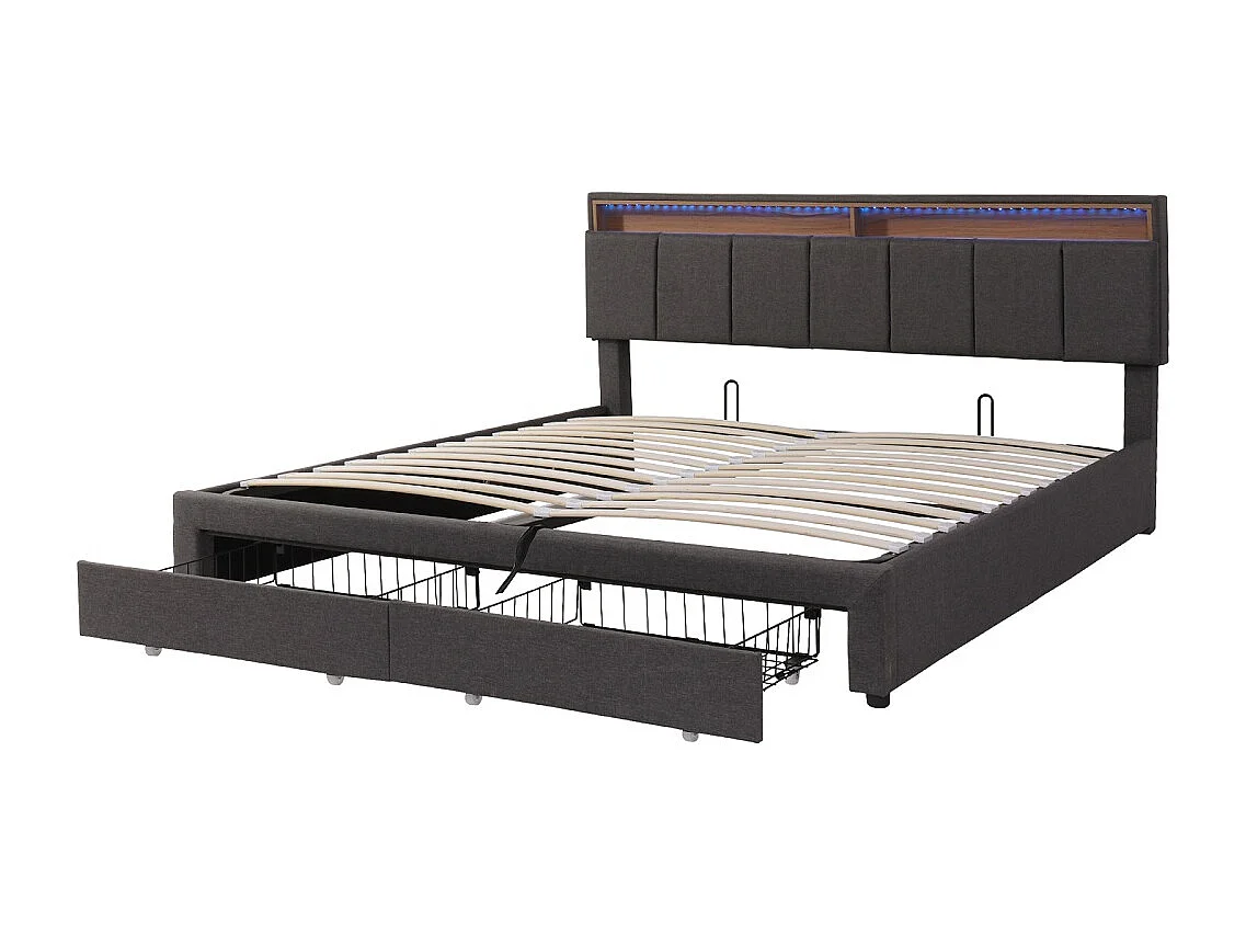 Lit de rangement hydraulique - 180 x 200 cm - Pièce de tête réglable avec boîte à lit Tiroirs et compartiments de rangement - Linge - gris