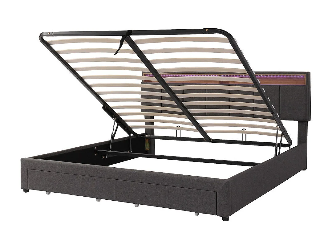 Lit de rangement hydraulique - 180 x 200 cm - Pièce de tête réglable avec boîte à lit Tiroirs et compartiments de rangement - Linge - gris