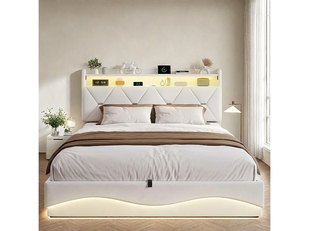 Cadre de lit de stockage hydraulique - 140 x 200 cm - avec port de charge USB et tête de stockage - Velvet - beige