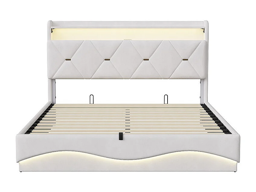 Cadre de lit de stockage hydraulique - 140 x 200 cm - avec port de charge USB et tête de stockage - Velvet - beige