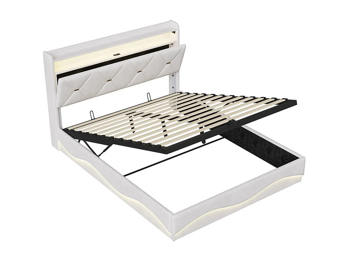 Cadre de lit de stockage hydraulique - 140 x 200 cm - avec port de charge USB et tête de stockage - Velvet - beige