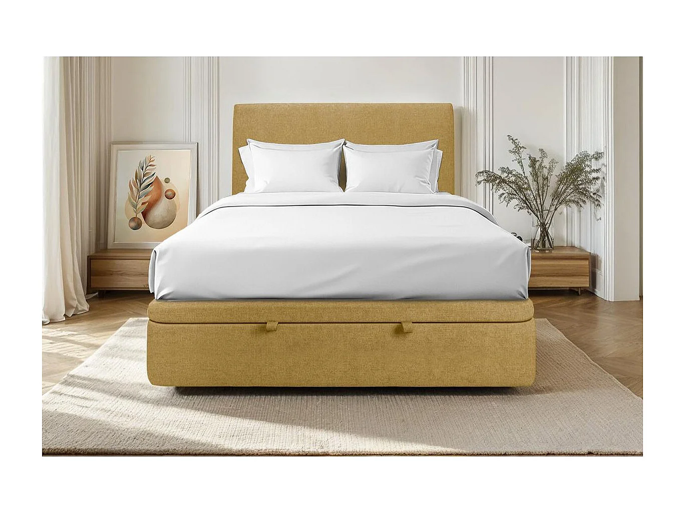 Lit coffre 160x200cm avec tête de lit tapissier Tissu Jaune - Hauteur totale : 39cm
