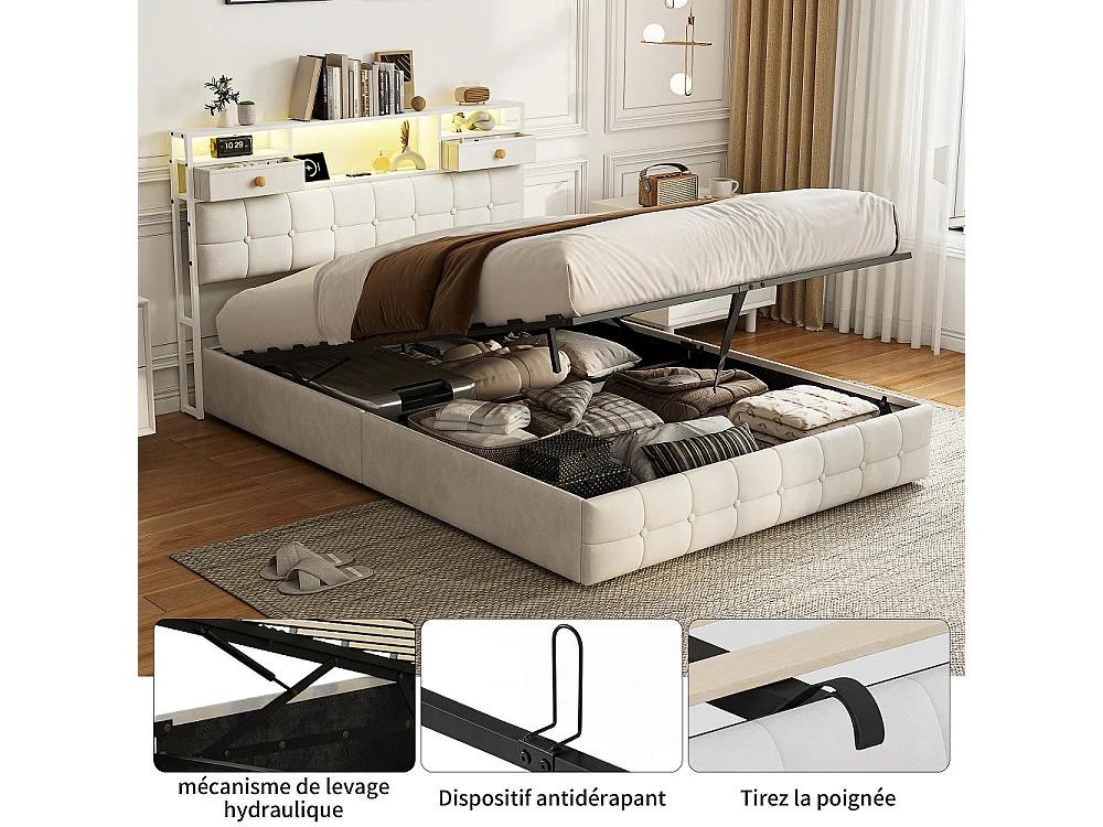 Lit de stockage hydraulique - 140 x 200cm - avec lumières LED Port de charge USB et 2 tiroirs Tête de stockage - Velvet - beige