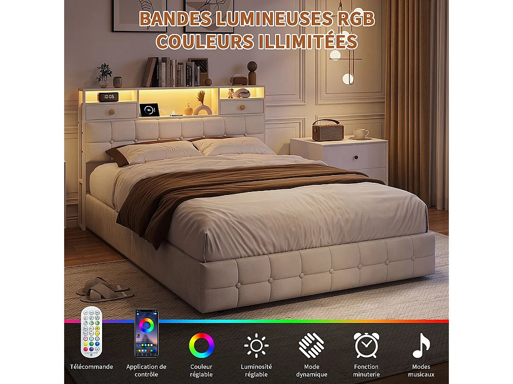Lit de stockage hydraulique - 140 x 200cm - avec lumières LED Port de charge USB et 2 tiroirs Tête de stockage - Velvet - beige