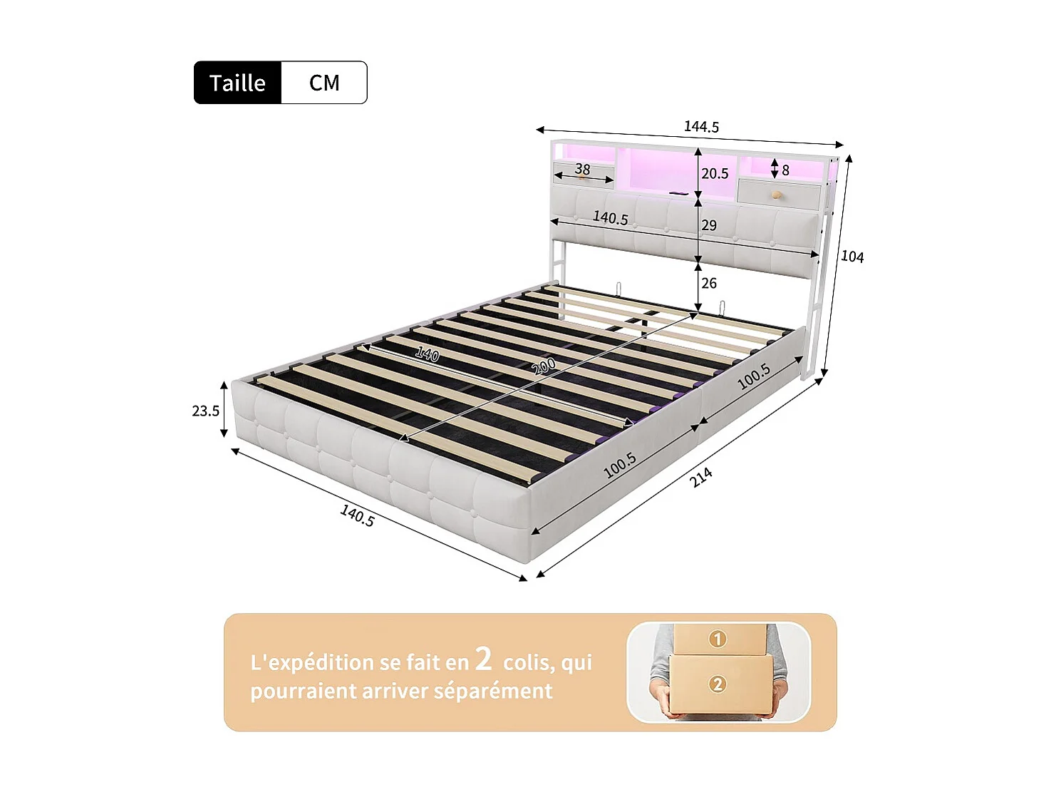 Lit de stockage hydraulique - 140 x 200cm - avec lumières LED Port de charge USB et 2 tiroirs Tête de stockage - Velvet - beige