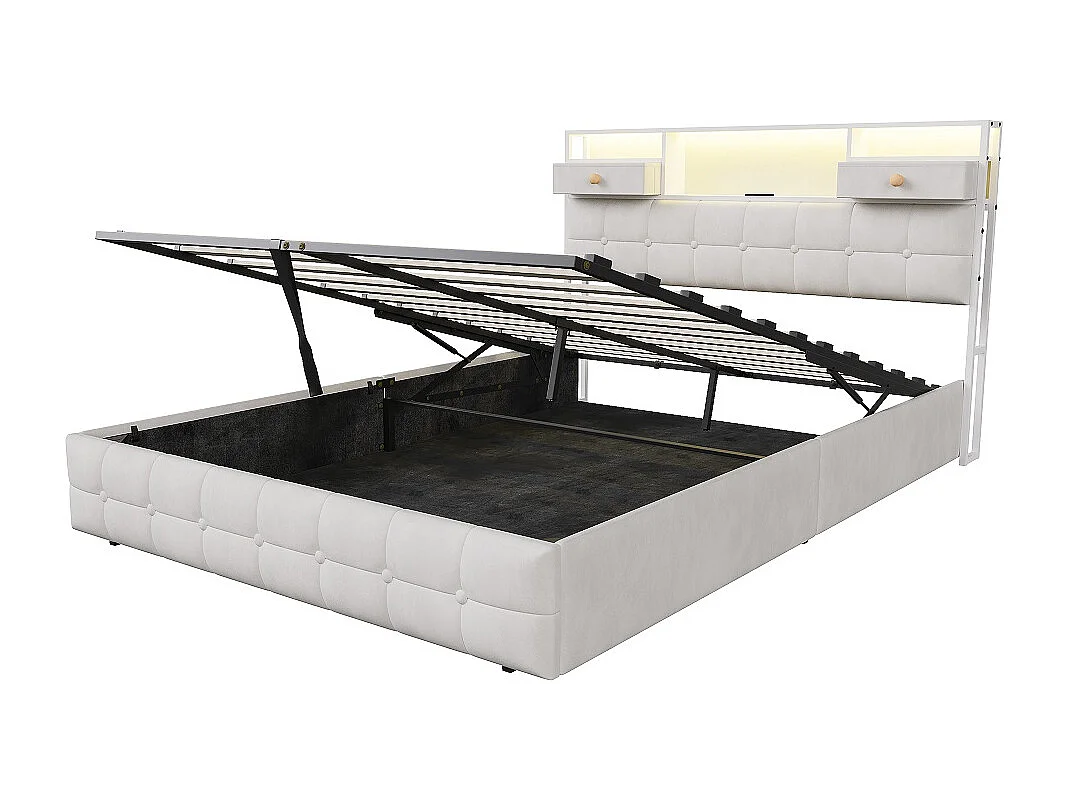 Lit de stockage hydraulique - 140 x 200cm - avec lumières LED Port de charge USB et 2 tiroirs Tête de stockage - Velvet - beige