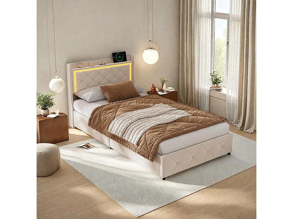 Lit de stockage hydraulique - 90 x 200 cm - Design Rivet Rhombus avec éclairage LED et espace de stockage - Velvet - Beige