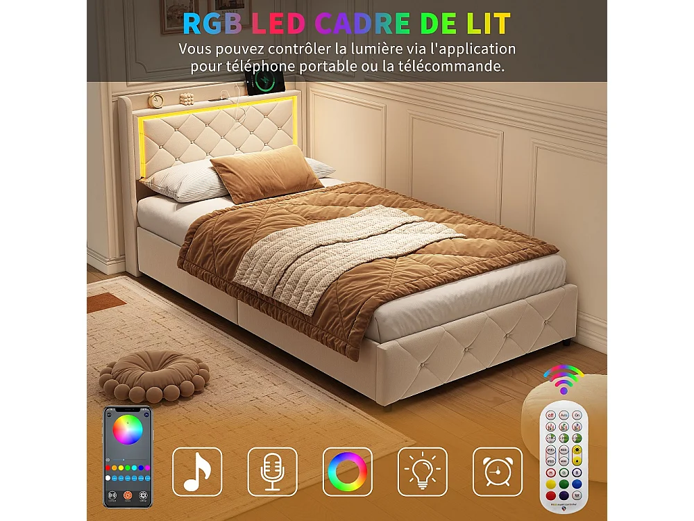 Lit de stockage hydraulique - 90 x 200 cm - Design Rivet Rhombus avec éclairage LED et espace de stockage - Velvet - Beige