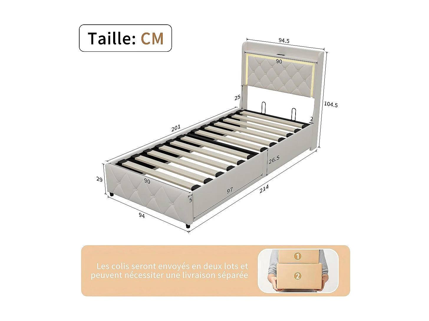 Lit de stockage hydraulique - 90 x 200 cm - Design Rivet Rhombus avec éclairage LED et espace de stockage - Velvet - Beige