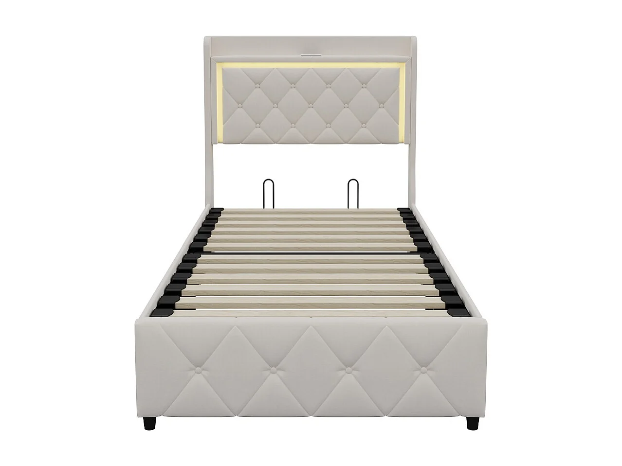 Lit de stockage hydraulique - 90 x 200 cm - Design Rivet Rhombus avec éclairage LED et espace de stockage - Velvet - Beige