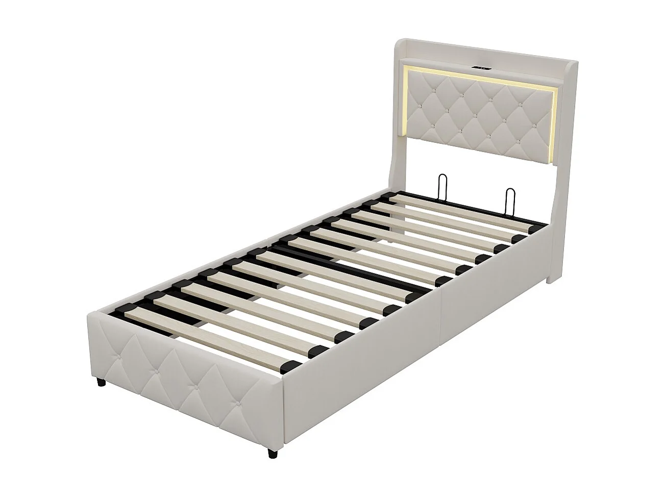 Lit de stockage hydraulique - 90 x 200 cm - Design Rivet Rhombus avec éclairage LED et espace de stockage - Velvet - Beige