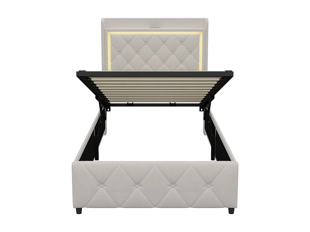Lit de stockage hydraulique - 90 x 200 cm - Design Rivet Rhombus avec éclairage LED et espace de stockage - Velvet - Beige