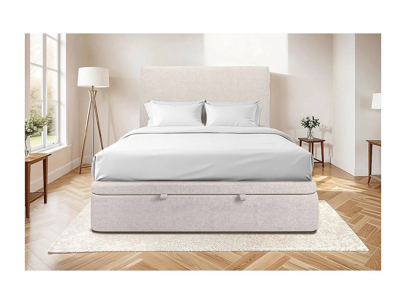 Lit coffre 160x200cm avec tête de lit tapissier Tissu Beige clair - Hauteur totale : 39cm