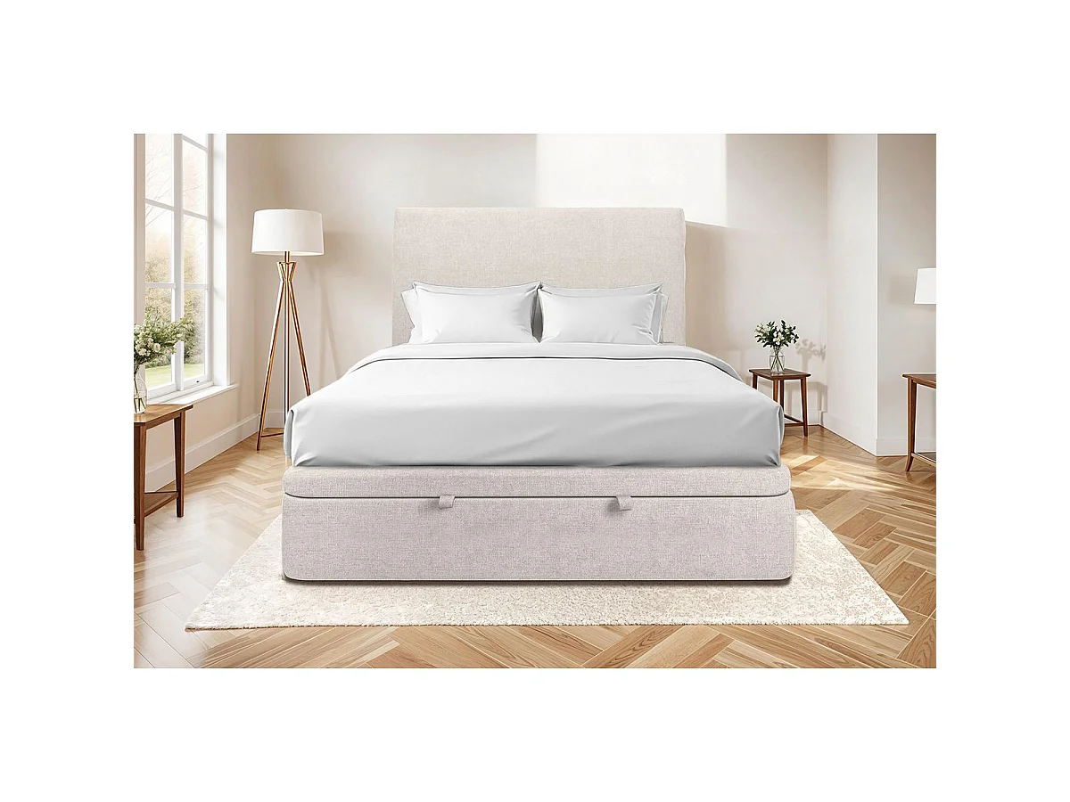 Lit coffre 160x200cm avec tête de lit tapissier Tissu Beige clair - Hauteur totale : 39cm