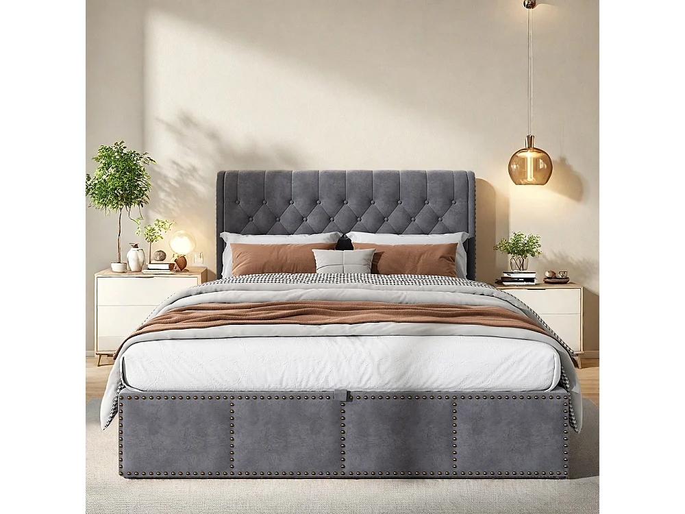 Lit de stockage hydraulique - 160 x 200 cm - Design de rivet personnalisé - velours - gris