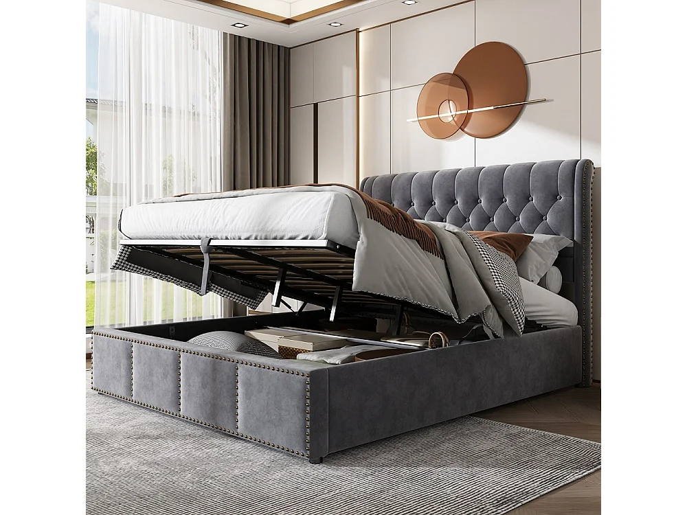 Lit de stockage hydraulique - 160 x 200 cm - Design de rivet personnalisé - velours - gris
