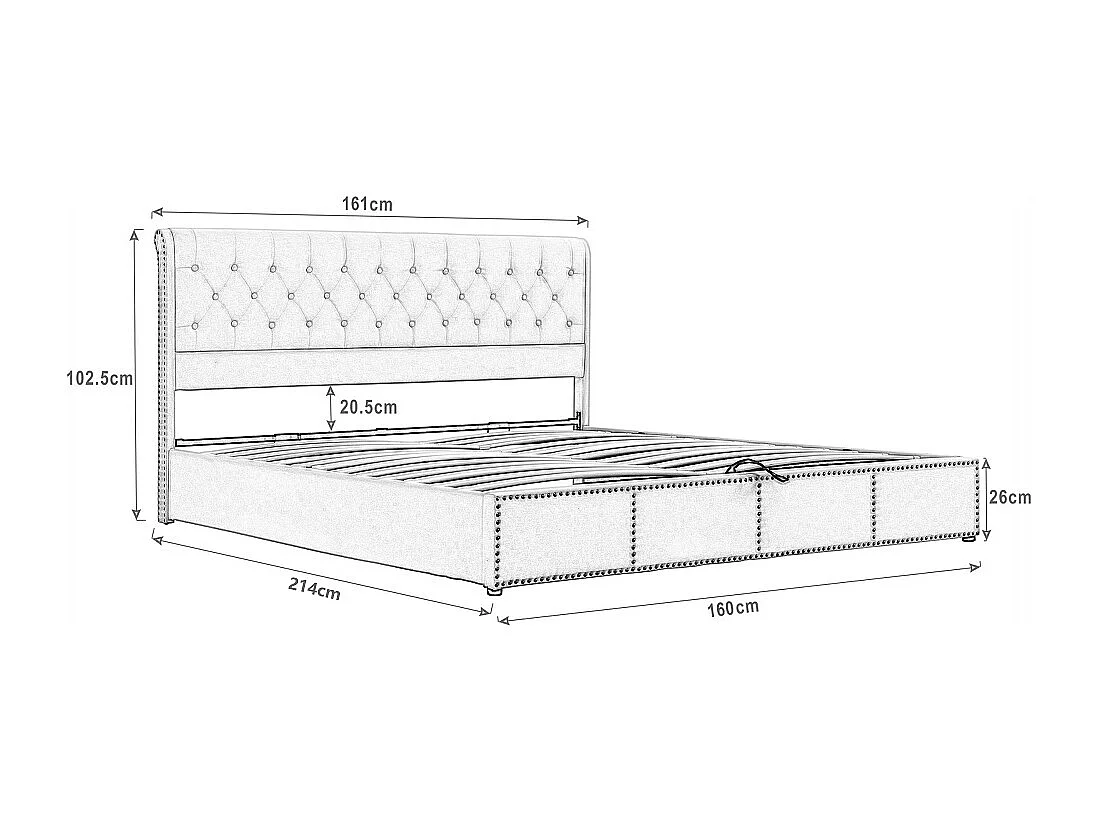 Lit de stockage hydraulique - 160 x 200 cm - Design de rivet personnalisé - velours - gris