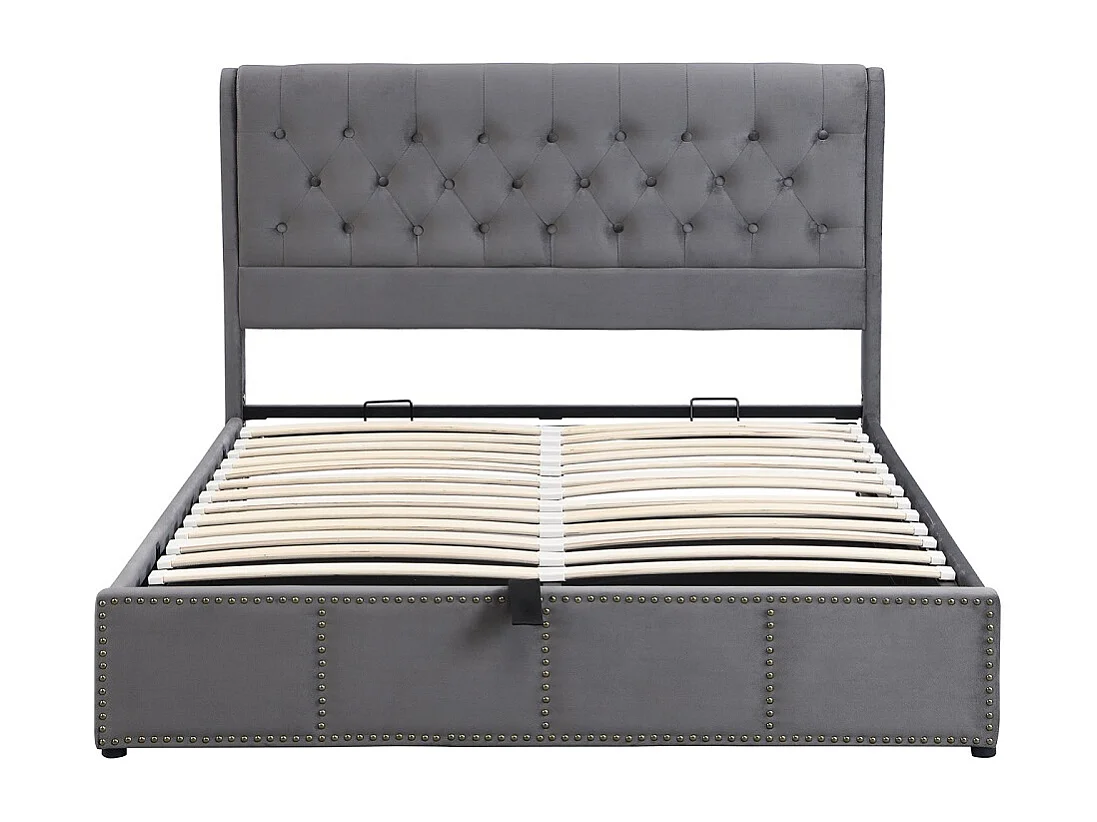 Lit de stockage hydraulique - 160 x 200 cm - Design de rivet personnalisé - velours - gris