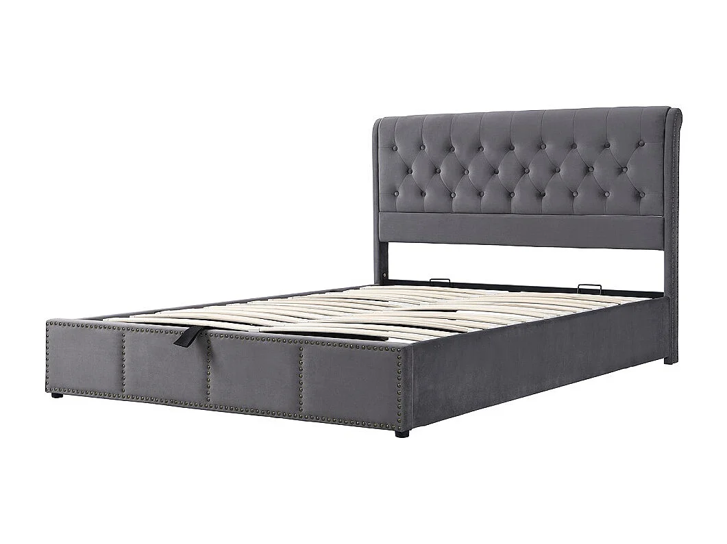 Lit de stockage hydraulique - 160 x 200 cm - Design de rivet personnalisé - velours - gris