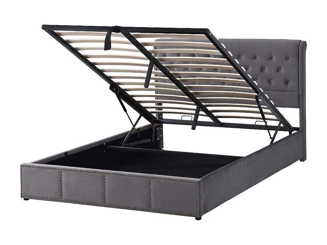 Lit de stockage hydraulique - 160 x 200 cm - Design de rivet personnalisé - velours - gris
