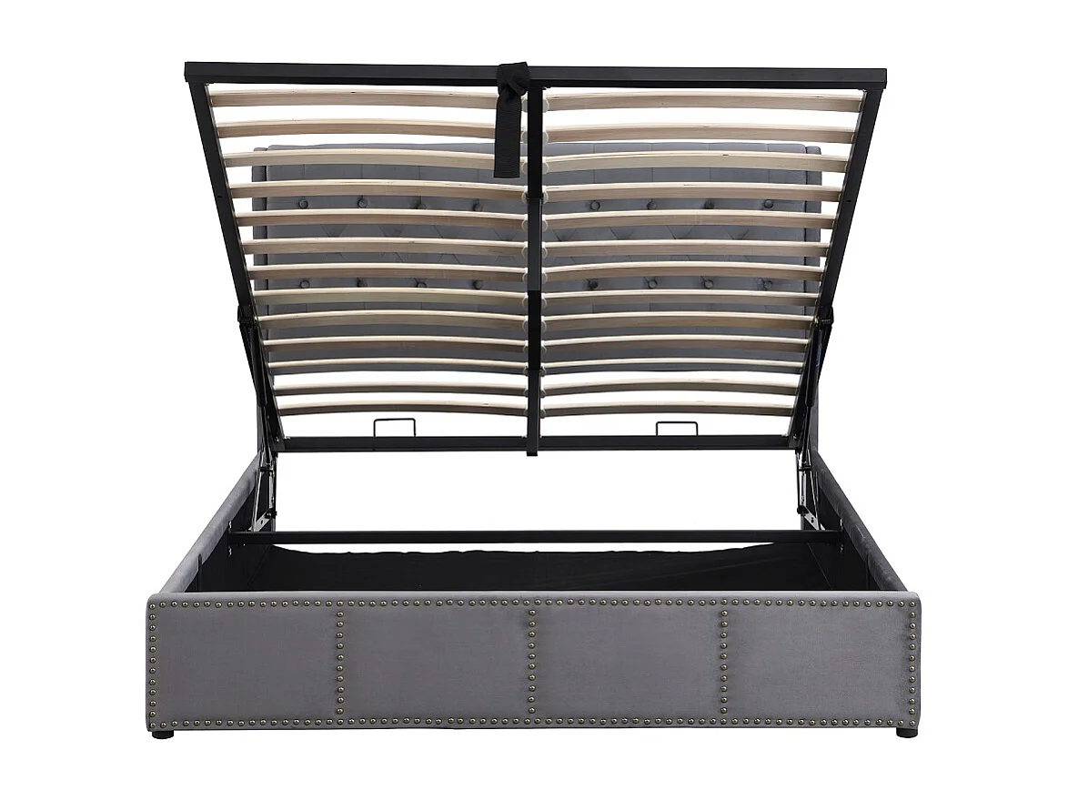 Lit de stockage hydraulique - 160 x 200 cm - Design de rivet personnalisé - velours - gris